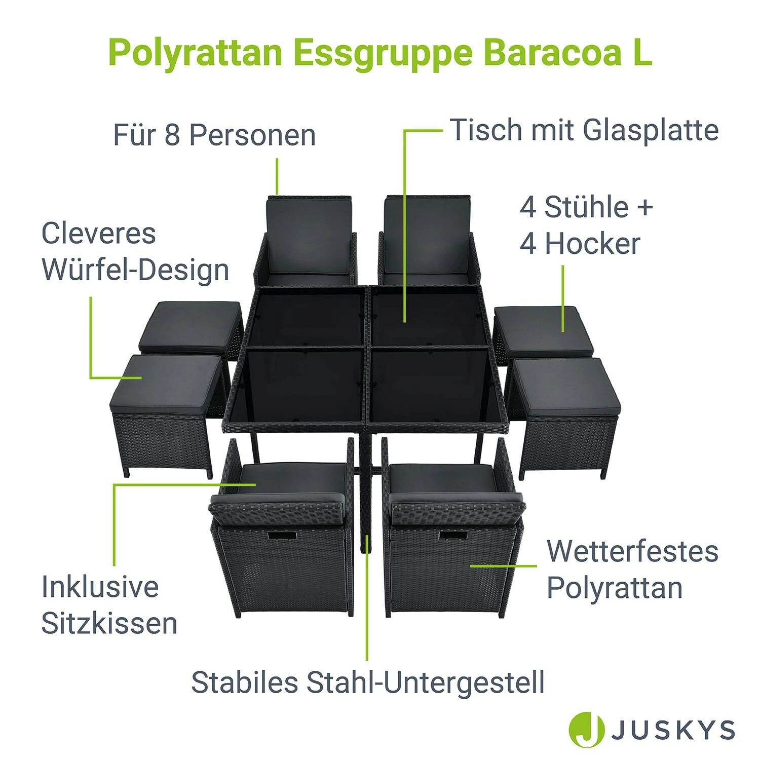 Juskys Polyrattan Sitzgruppe Baracoa L 9-teilig – Gartenmöbel Wetterfest, Stapelbar Für Garten 3 Juskys Polyrattan Sitzgruppe Baracoa L 9-teilig – Gartenmöbel Wetterfest, Stapelbar Für Garten – Bild 3
