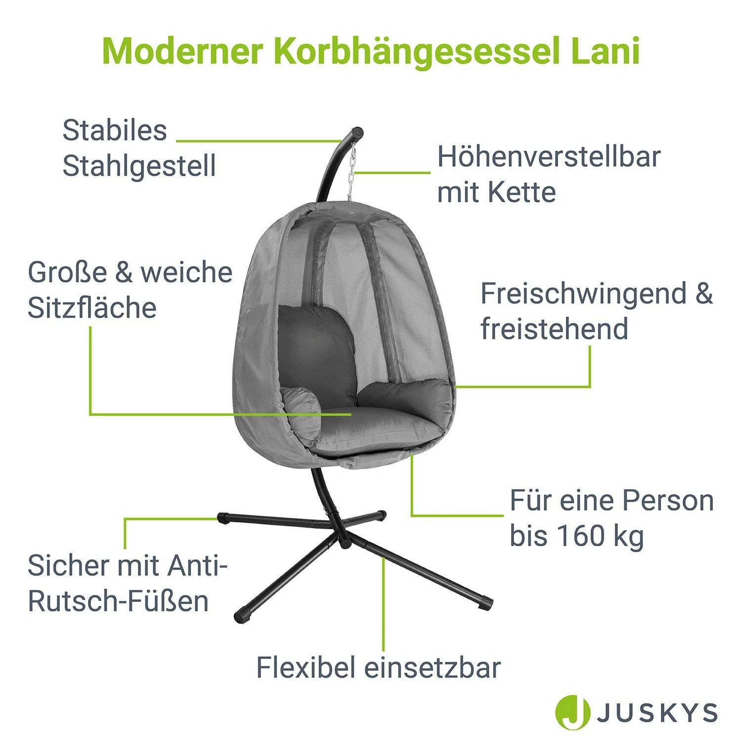Juskys Hängesessel Lani Aus Textilgewebe Mit Gestell & Kissen, Bis 160kg, Für Outdoor & Indoor 3 Juskys Hängesessel Lani Aus Textilgewebe Mit Gestell & Kissen, Bis 160kg, Für Outdoor & Indoor – Bild 3