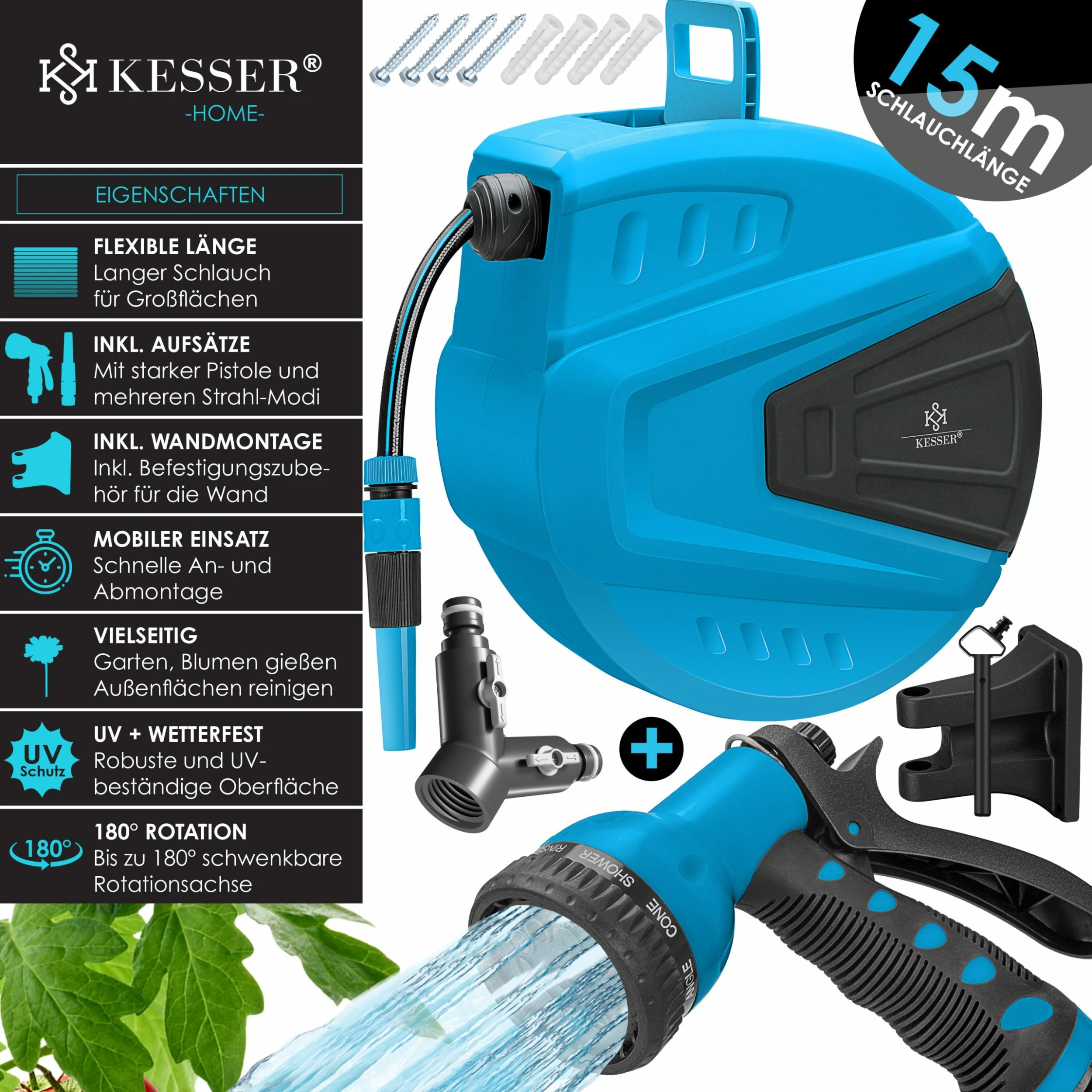 KESSER® Schlauchtrommel Schlauchaufroller Wasser | Multi-Handbrause | 180° Schwenkbar | Aufwickelstopper | Wandhalterung | Wand-Schlauchbox | Wasserschlauchtrommel | Gartenschlauch | 2 KESSER® Schlauchtrommel Schlauchaufroller Wasser | Multi-Handbrause | 180° Schwenkbar | Aufwickelstopper | Wandhalterung | Wand-Schlauchbox | Wasserschlauchtrommel | Gartenschlauch | – Bild 2