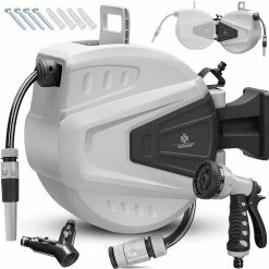 KESSER® Schlauchtrommel Schlauchaufroller Wasser | Multi-Handbrause | 180° Schwenkbar | Aufwickelstopper | Wandhalterung | Wand-Schlauchbox | Wasserschlauchtrommel | Gartenschlauch |