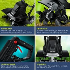 MASKO® Elektrische Motorhacke 1500 Watt | 40cm Arbeitsbreite 20cm Arbeitstiefe | Bodenhacke | Ackerfräse Kultivator Gartenfräse | Elektro Hacke | Klappbarer Handgriff | Metallgehäuse | Transporträder -Zipper Geschäft 8600364700 20111 prod 003