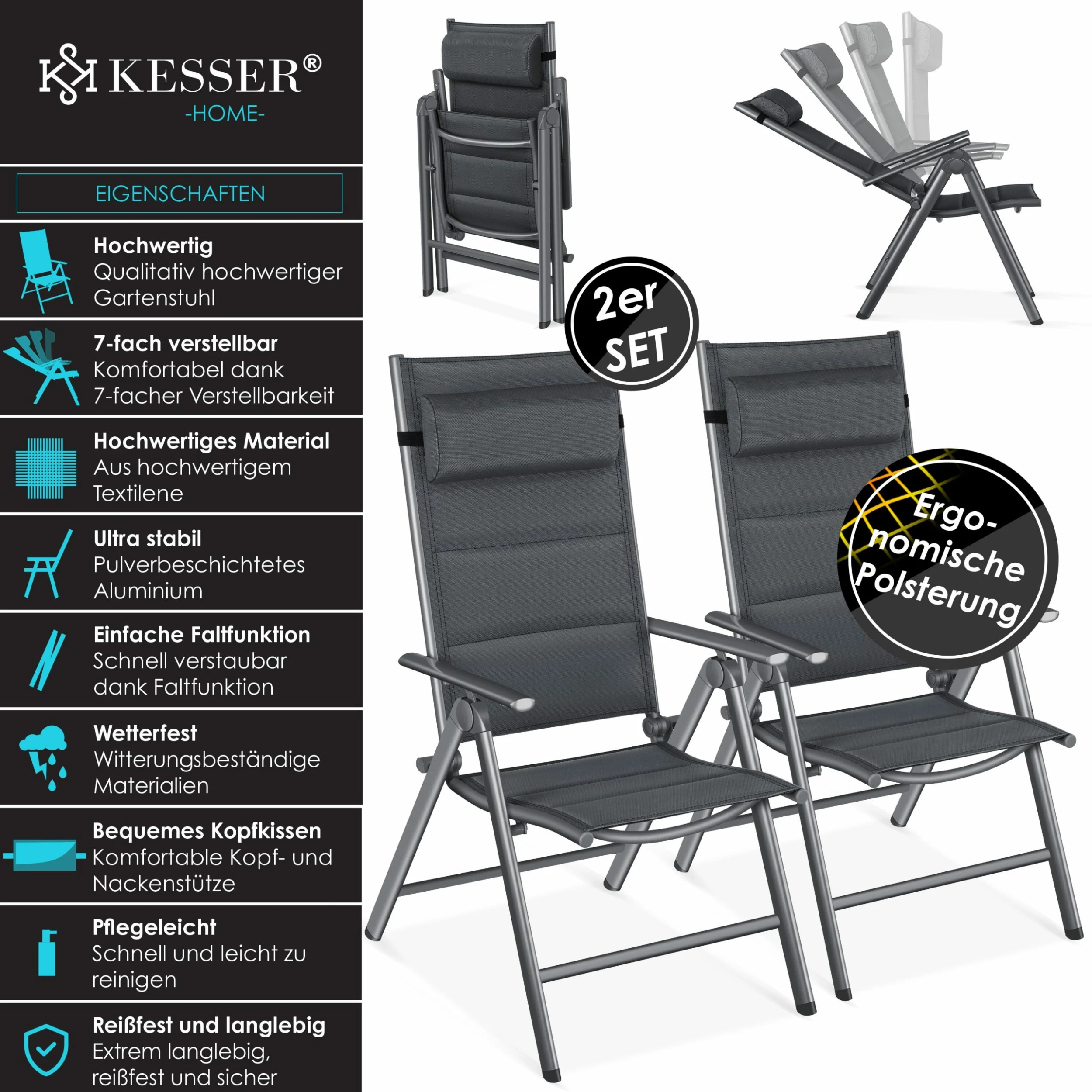 KESSER® Gartenstuhl - Gepolstert Hochlehner Alu Stühle Klappbar Lehne - 7-Fach Verstellbar Rückenlehnen - Klappsessel Klappstühle Aluminium - Wetterfest 2 KESSER® Gartenstuhl - Gepolstert Hochlehner Alu Stühle Klappbar Lehne - 7-Fach Verstellbar Rückenlehnen - Klappsessel Klappstühle Aluminium - Wetterfest – Bild 2