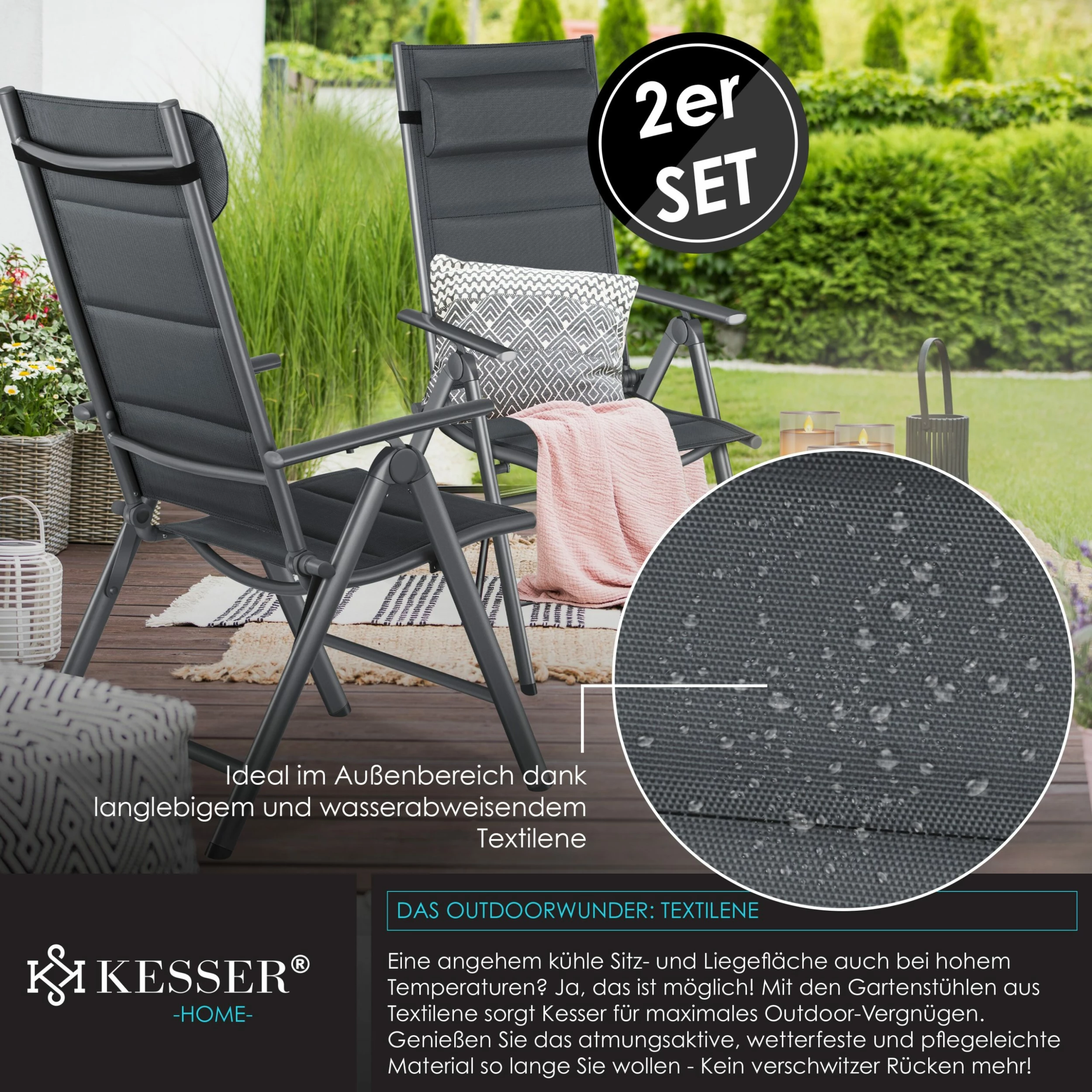 KESSER® Gartenstuhl - Gepolstert Hochlehner Alu Stühle Klappbar Lehne - 7-Fach Verstellbar Rückenlehnen - Klappsessel Klappstühle Aluminium - Wetterfest 4 KESSER® Gartenstuhl - Gepolstert Hochlehner Alu Stühle Klappbar Lehne - 7-Fach Verstellbar Rückenlehnen - Klappsessel Klappstühle Aluminium - Wetterfest – Bild 4