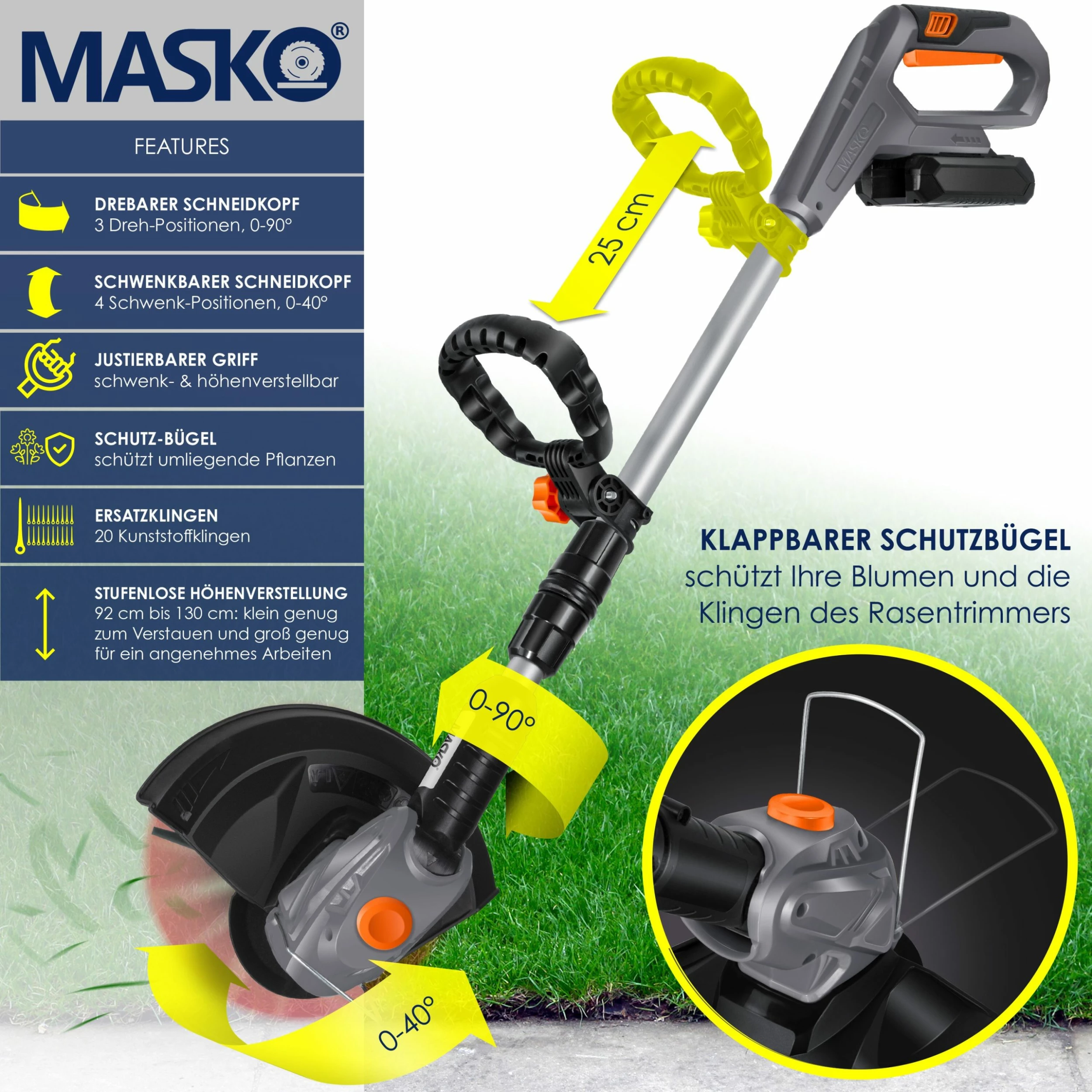 MASKO® Akku-Rasentrimmer Mit 20 V Li-Akku, 2,0 Ah Akku Und Ladegerät, Motorsense 26 Cm Schnittkreis, 180° Trimmwinkel, Teleskop-Stiel & Zusatzhandgriff, Inkl. 20 Messer Kunststoffklinge 3 MASKO® Akku-Rasentrimmer Mit 20 V Li-Akku, 2,0 Ah Akku Und Ladegerät, Motorsense 26 Cm Schnittkreis, 180° Trimmwinkel, Teleskop-Stiel & Zusatzhandgriff, Inkl. 20 Messer Kunststoffklinge – Bild 3