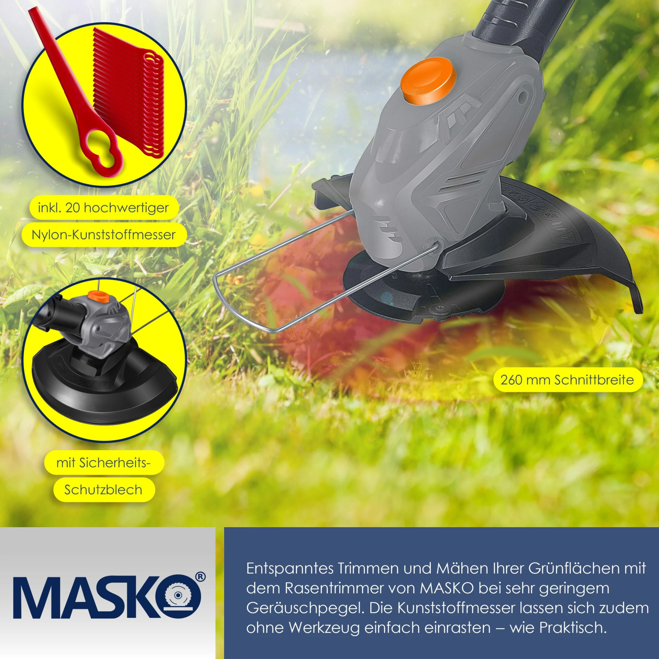 MASKO® Akku-Rasentrimmer Mit 20 V Li-Akku, 2,0 Ah Akku Und Ladegerät, Motorsense 26 Cm Schnittkreis, 180° Trimmwinkel, Teleskop-Stiel & Zusatzhandgriff, Inkl. 20 Messer Kunststoffklinge 4 MASKO® Akku-Rasentrimmer Mit 20 V Li-Akku, 2,0 Ah Akku Und Ladegerät, Motorsense 26 Cm Schnittkreis, 180° Trimmwinkel, Teleskop-Stiel & Zusatzhandgriff, Inkl. 20 Messer Kunststoffklinge – Bild 4