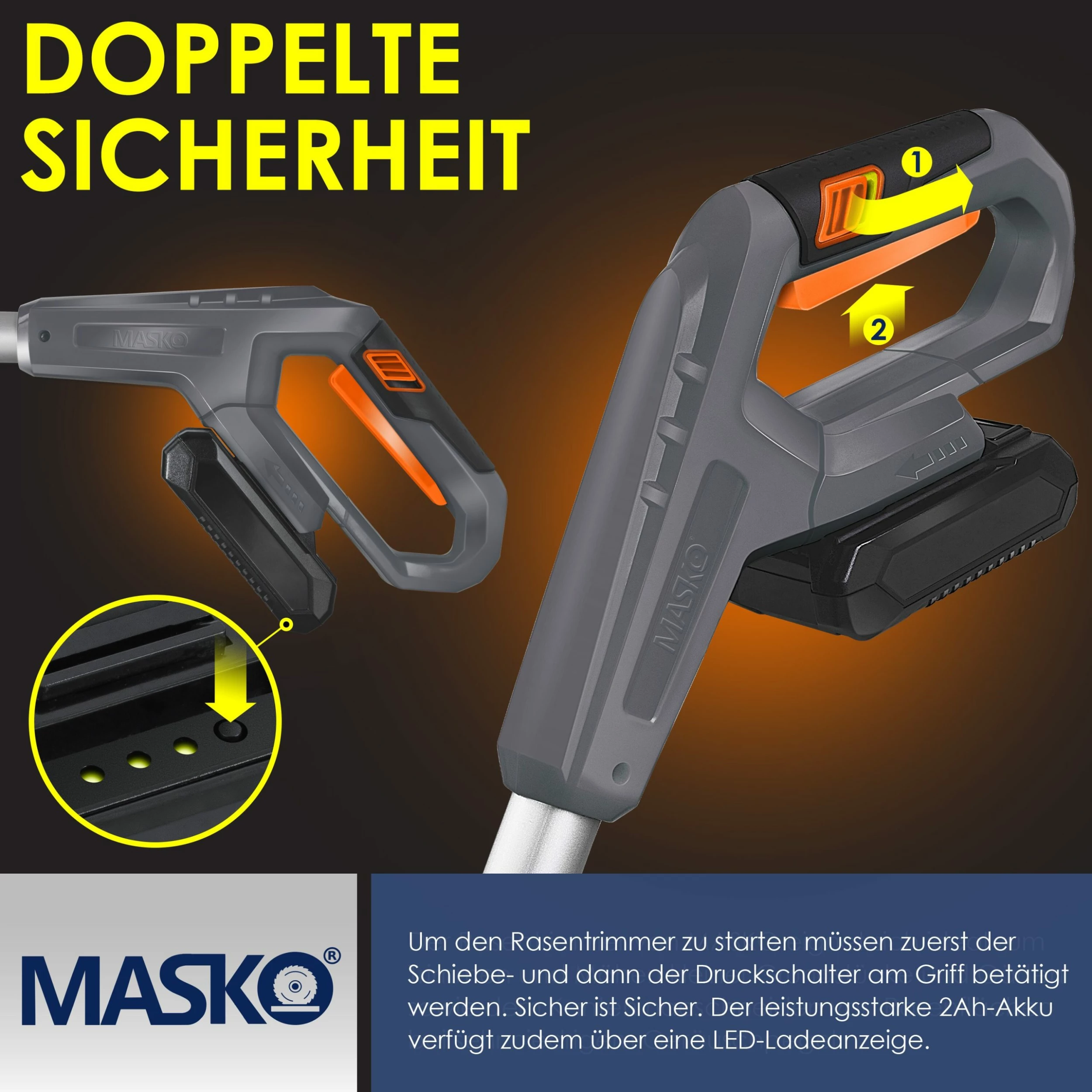 MASKO® Akku-Rasentrimmer Mit 20 V Li-Akku, 2,0 Ah Akku Und Ladegerät, Motorsense 26 Cm Schnittkreis, 180° Trimmwinkel, Teleskop-Stiel & Zusatzhandgriff, Inkl. 20 Messer Kunststoffklinge 5 MASKO® Akku-Rasentrimmer Mit 20 V Li-Akku, 2,0 Ah Akku Und Ladegerät, Motorsense 26 Cm Schnittkreis, 180° Trimmwinkel, Teleskop-Stiel & Zusatzhandgriff, Inkl. 20 Messer Kunststoffklinge – Bild 5