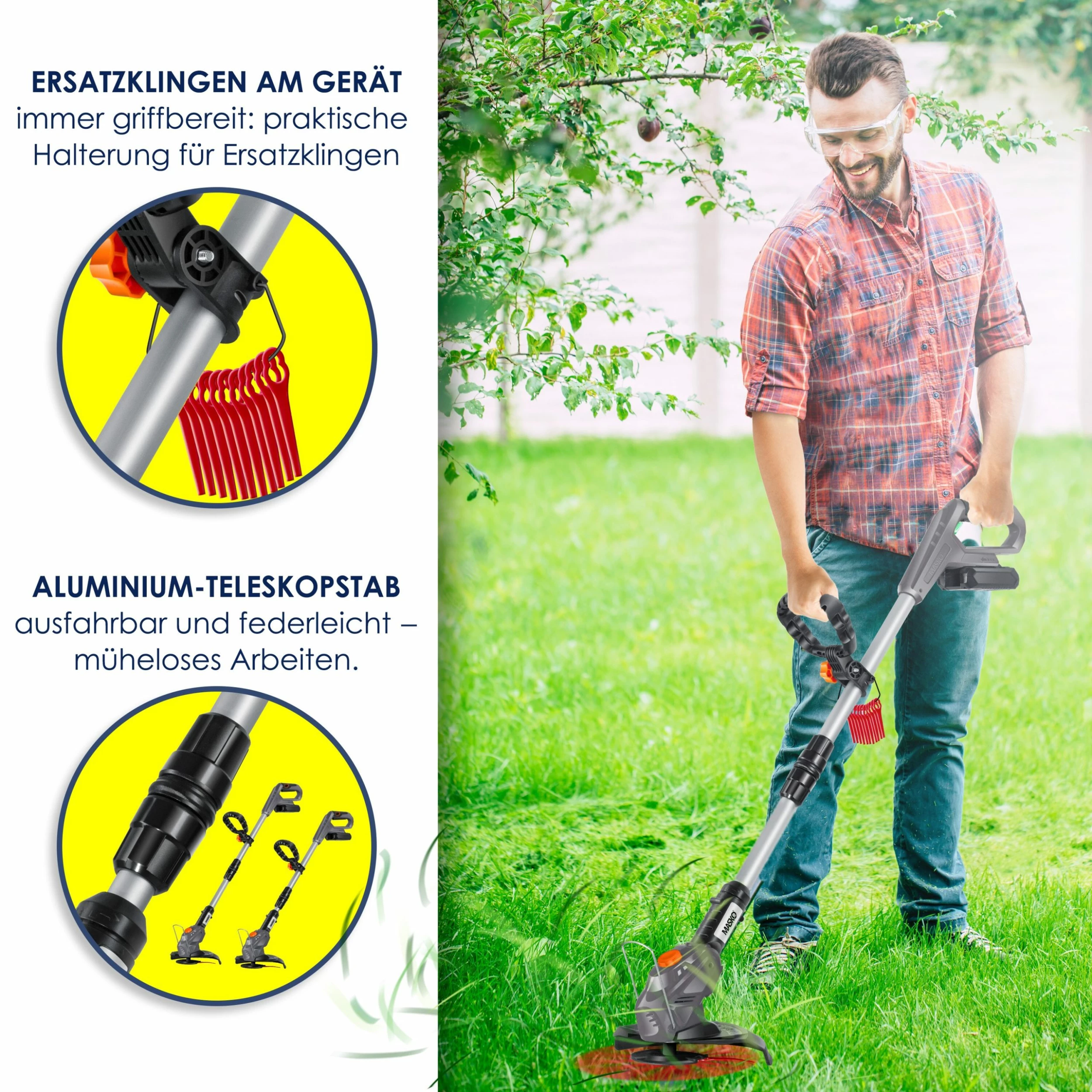 MASKO® Akku-Rasentrimmer Mit 20 V Li-Akku, 2,0 Ah Akku Und Ladegerät, Motorsense 26 Cm Schnittkreis, 180° Trimmwinkel, Teleskop-Stiel & Zusatzhandgriff, Inkl. 20 Messer Kunststoffklinge 6 MASKO® Akku-Rasentrimmer Mit 20 V Li-Akku, 2,0 Ah Akku Und Ladegerät, Motorsense 26 Cm Schnittkreis, 180° Trimmwinkel, Teleskop-Stiel & Zusatzhandgriff, Inkl. 20 Messer Kunststoffklinge – Bild 6
