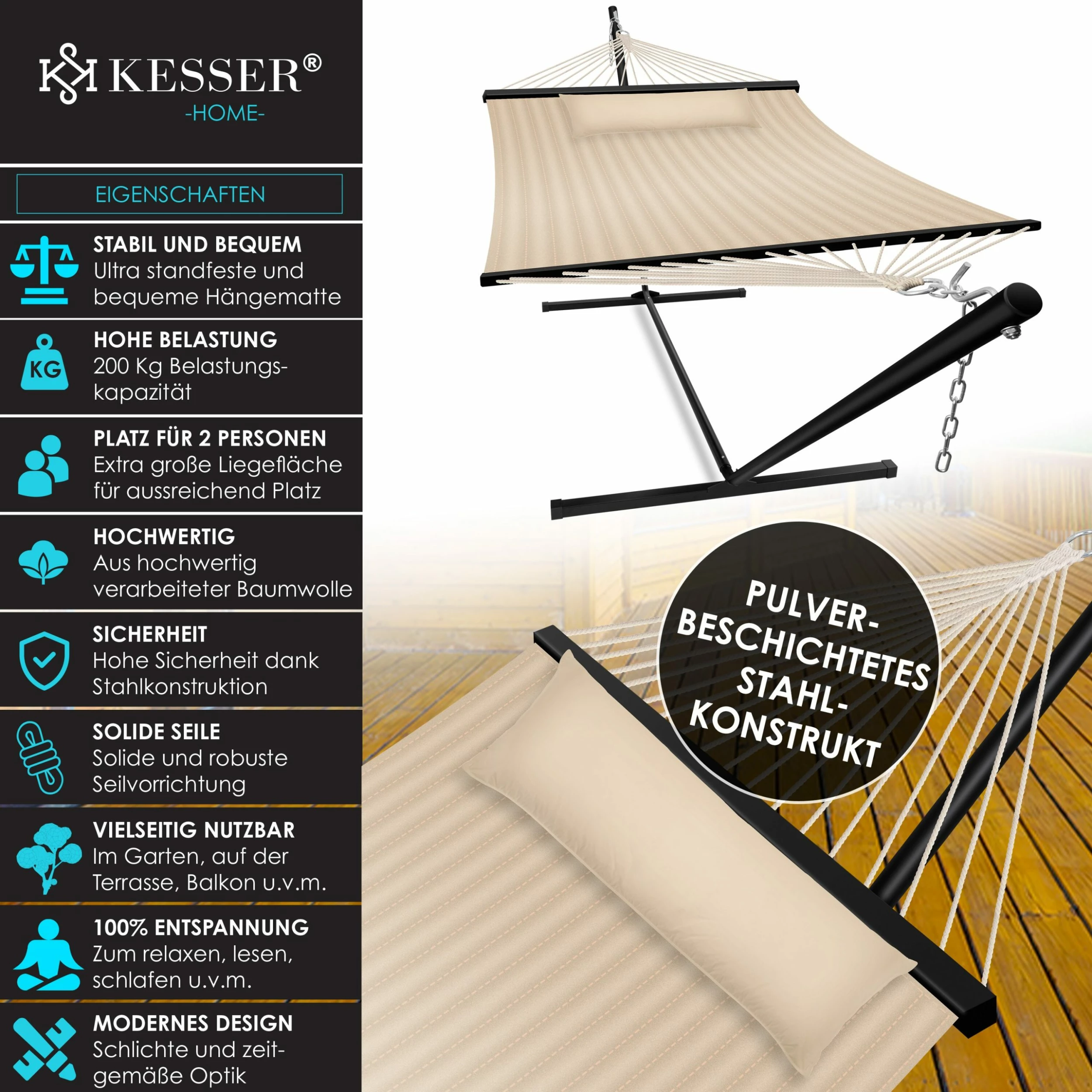 KESSER® Hängematte HILL Mit Gestell Kissen Doppelhängematte Für 2 Personen-Stabiler Rahmen -200kg Belastbarkeit Indoor & Outdoor XXL Hängesessel Doppel Mehrpersonen Garten Pool Balkon Terrasse 2 KESSER® Hängematte HILL Mit Gestell Kissen Doppelhängematte Für 2 Personen-Stabiler Rahmen -200kg Belastbarkeit Indoor & Outdoor XXL Hängesessel Doppel Mehrpersonen Garten Pool Balkon Terrasse – Bild 2