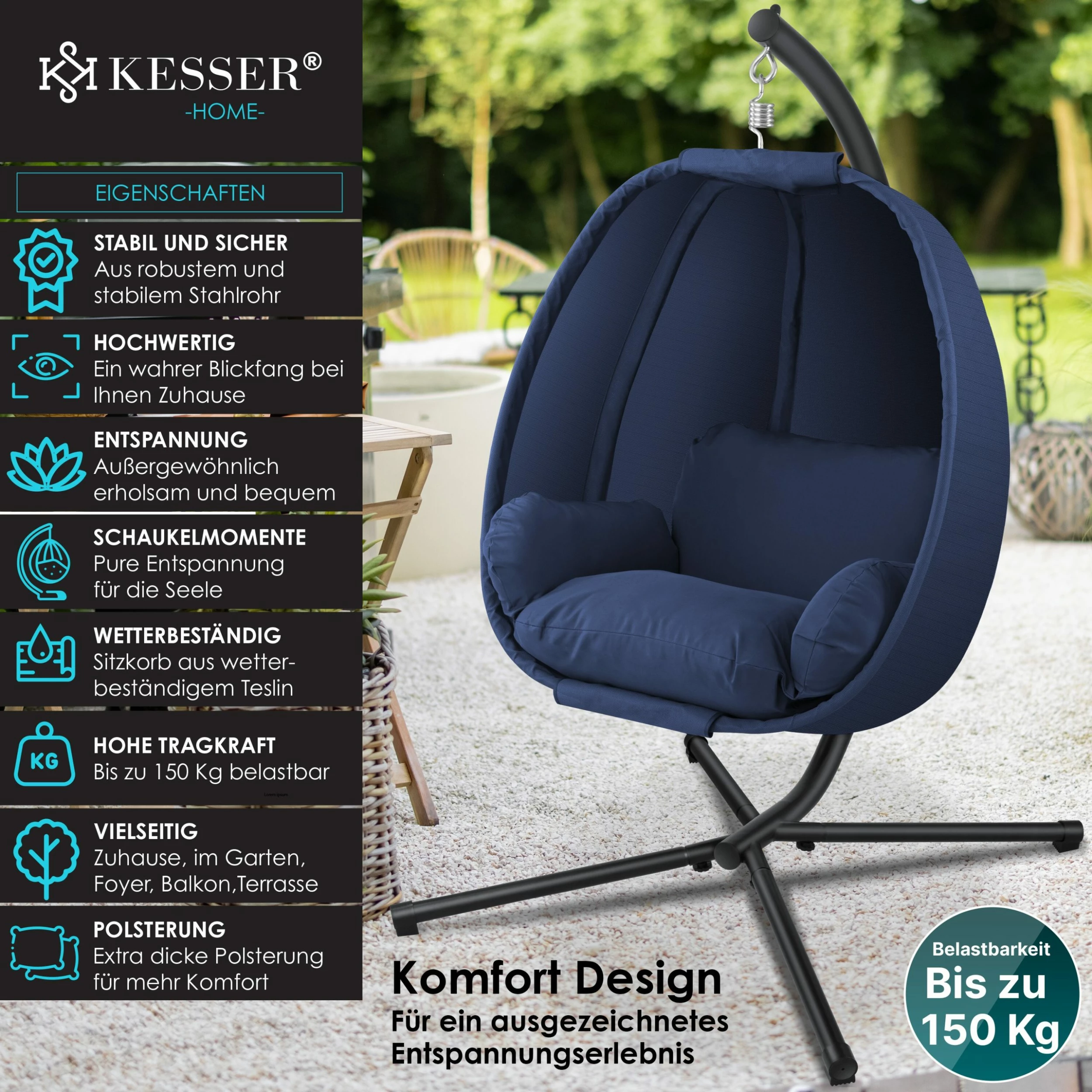 KESSER® Luxe Hängesessel Mit Gestell + Weicher Sitzkissen, Seitenpolsterung, Sitz- Und Rückenkissen Hängekorb Indoor & Outdoor, Garten Schaukel Korb Hängestuhl Stabiler Standfuß, Max. 150 Kg 2 KESSER® Luxe Hängesessel Mit Gestell + Weicher Sitzkissen, Seitenpolsterung, Sitz- Und Rückenkissen Hängekorb Indoor & Outdoor, Garten Schaukel Korb Hängestuhl Stabiler Standfuß, Max. 150 Kg – Bild 2