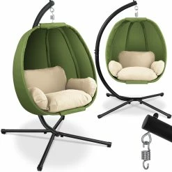 KESSER® Luxe Hängesessel Mit Gestell + Weicher Sitzkissen, Seitenpolsterung, Sitz- Und Rückenkissen Hängekorb Indoor & Outdoor, Garten Schaukel Korb Hängestuhl Stabiler Standfuß, Max. 150 Kg