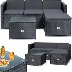 KESSER® Polyrattan Lounge Aruba – Gartenlounge Für 3-4 Personen Gartenmöbel-Set Sitzgruppe Aus 3er Gartensofa, Sessel, Hocker Und Beistelltisch Mit Sitzkissen - Für Garten, Terrasse Und Balkon