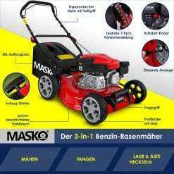 MASKO® Benzin Rasenmäher 5in1 Radantrieb EasyClean Reinigungsfunktion Mulchfunktion Seitenauswurf Hohe Schnittbreite 8-fache Schnitthöhenverstellung | 4 Takt Motor | Inkl. Fangkorb -Zipper Geschäft 8600364700 23488 prod 005