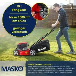 MASKO® Benzin Rasenmäher 5in1 Radantrieb EasyClean Reinigungsfunktion Mulchfunktion Seitenauswurf Hohe Schnittbreite 8-fache Schnitthöhenverstellung | 4 Takt Motor | Inkl. Fangkorb -Zipper Geschäft 8600364700 23488 prod 006