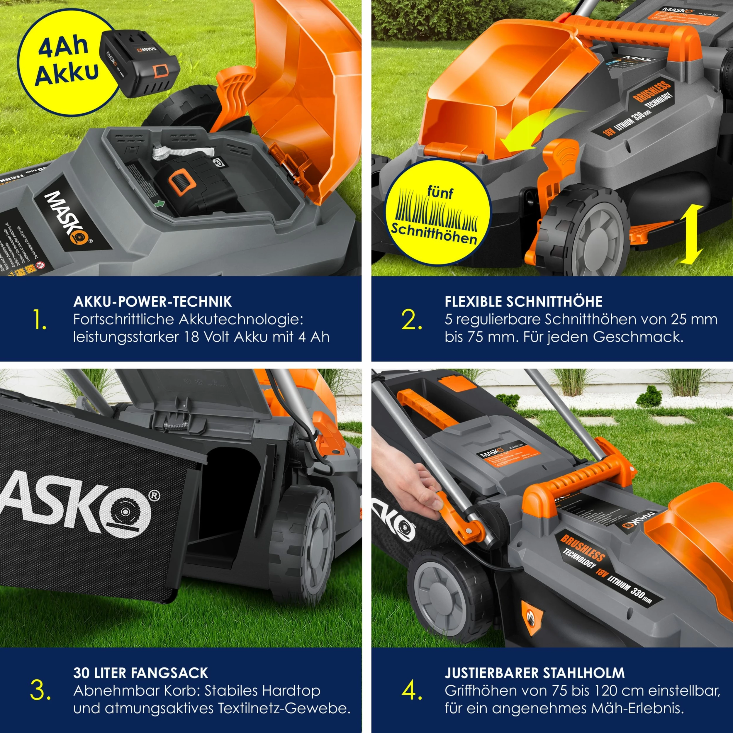MASKO® Akku Rasenmäher ECO-X10 Inkl. 2X Akkus Li-Ion Batterie 4 Ah & Doppel-Ladegerät – Rasentrimmer Schnittbreite, 25-75mm Schnitthöhenverstellung 4 MASKO® Akku Rasenmäher ECO-X10 Inkl. 2X Akkus Li-Ion Batterie 4 Ah & Doppel-Ladegerät – Rasentrimmer Schnittbreite, 25-75mm Schnitthöhenverstellung – Bild 4