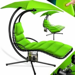 KESSER® Schwebeliege Mit Sonnenschirm, Hängeliege , Sonnenliege H200, L194, B100 Cm, Relaxliege, Schaukelliege Hängematte , Bis 120 Kg Belastbar , Schaukelliege, Auflagen - Nackenkissen