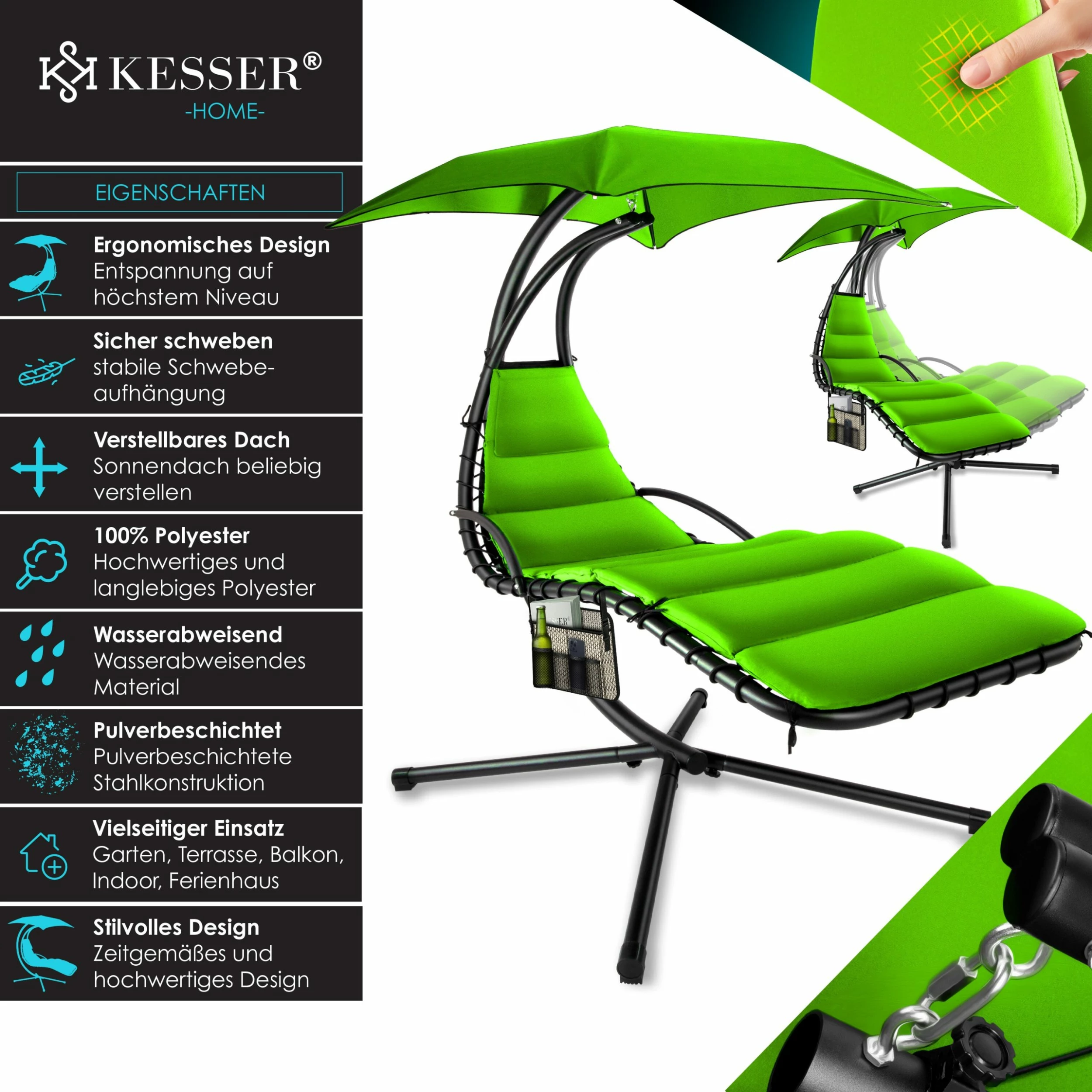 KESSER® Schwebeliege Mit Sonnenschirm, Hängeliege , Sonnenliege H200, L194, B100 Cm, Relaxliege, Schaukelliege Hängematte , Bis 120 Kg Belastbar , Schaukelliege, Auflagen - Nackenkissen 2 KESSER® Schwebeliege Mit Sonnenschirm, Hängeliege , Sonnenliege H200, L194, B100 Cm, Relaxliege, Schaukelliege Hängematte , Bis 120 Kg Belastbar , Schaukelliege, Auflagen - Nackenkissen – Bild 2