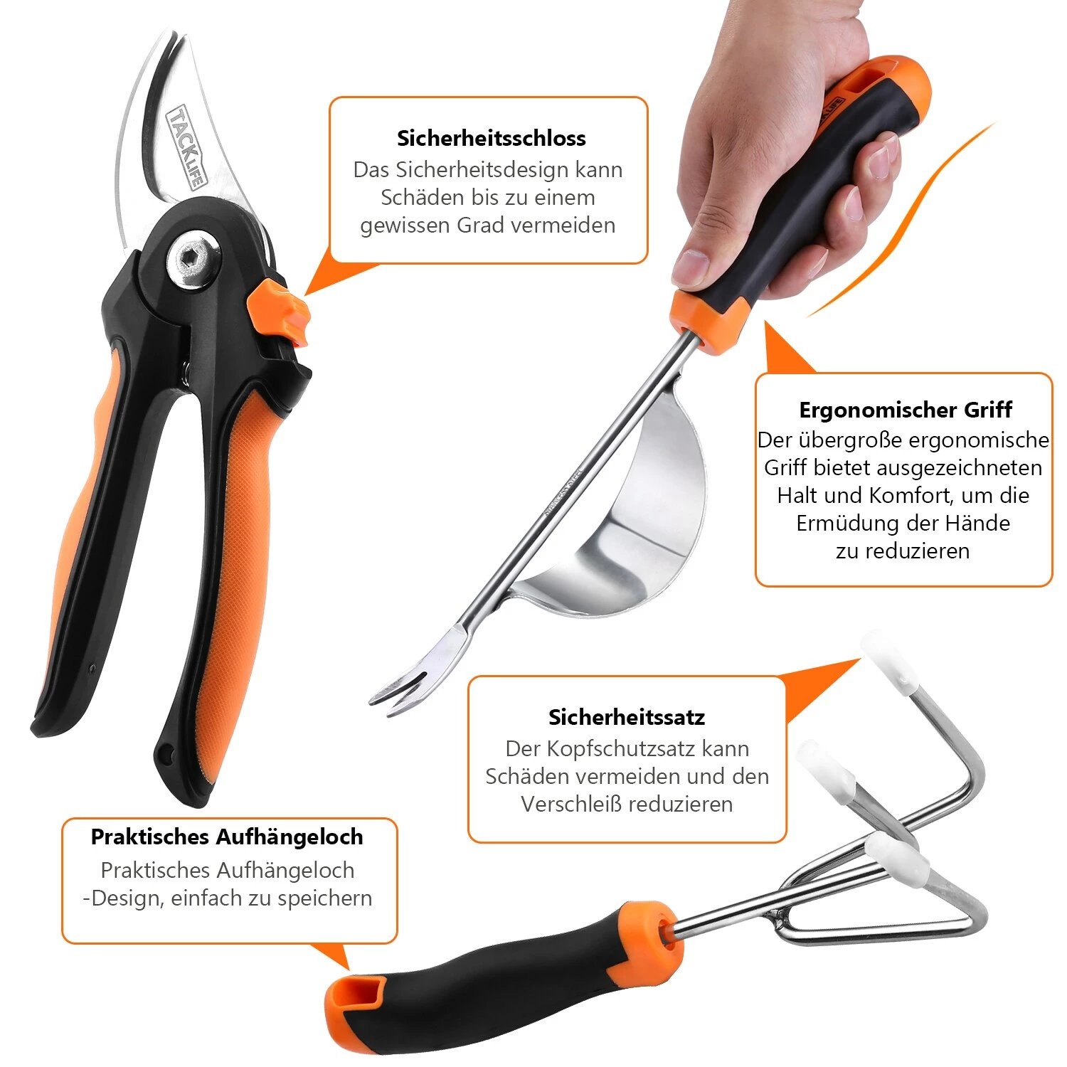 Tacklife GGT4A 6-teiliges Gartenwerkzeug-Set Aus Edelstahl, Robust, Mit Rutschfestem Gummigriff, Aufbewahrungstasche, Outdoor-Handwerkzeuge, Gartengeschenke Für Eltern Und Kinder, Schwarz Und Orange 4 Tacklife GGT4A 6-teiliges Gartenwerkzeug-Set Aus Edelstahl, Robust, Mit Rutschfestem Gummigriff, Aufbewahrungstasche, Outdoor-Handwerkzeuge, Gartengeschenke Für Eltern Und Kinder, Schwarz Und Orange – Bild 4
